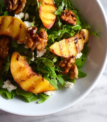 Grilled Peach, Goat Cheese and Candied Walnut Salad