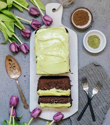 Vegan Chocolate Cake + Matcha Frosting